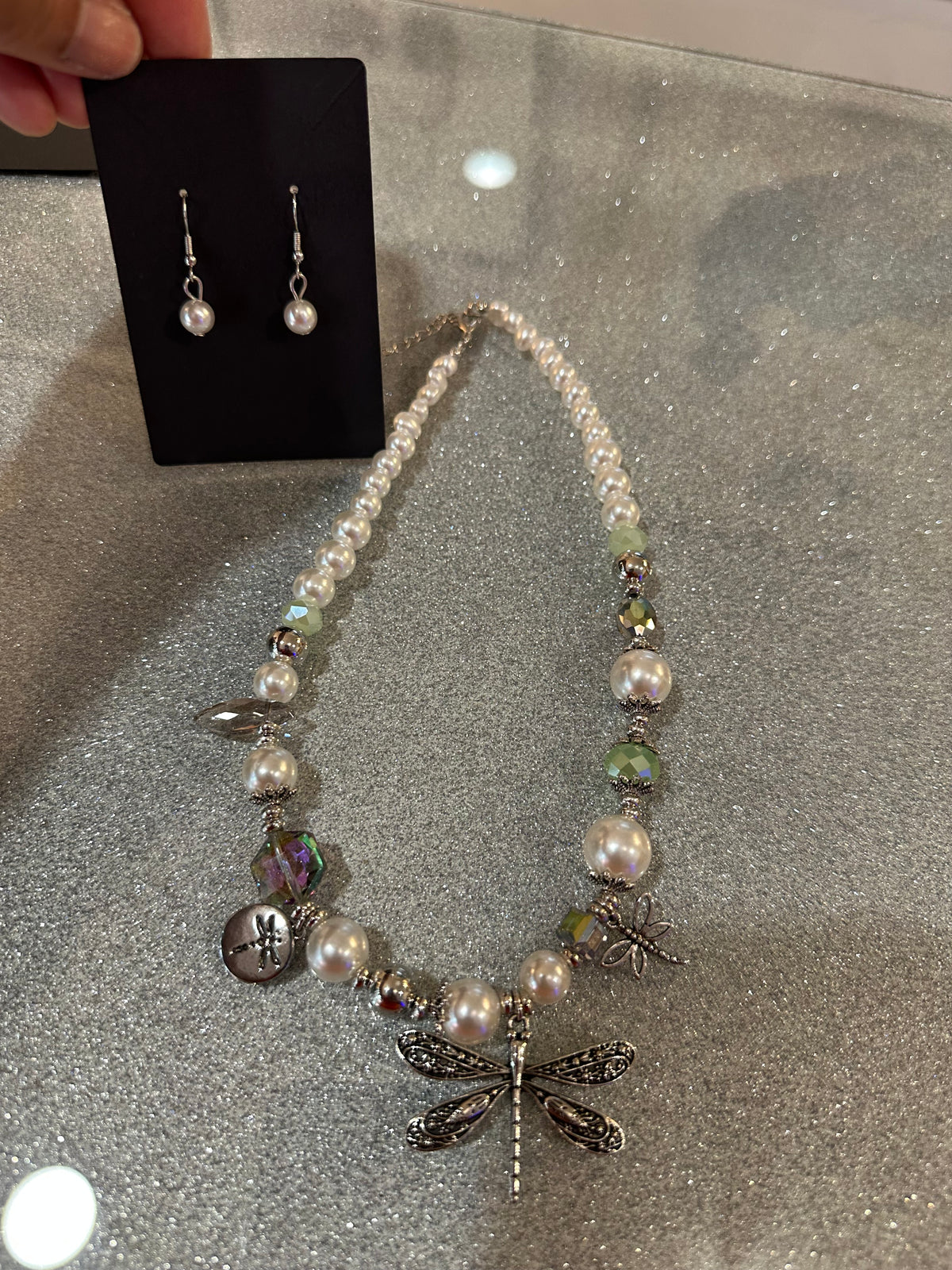 Dragonfly necklace set with pearl earrings