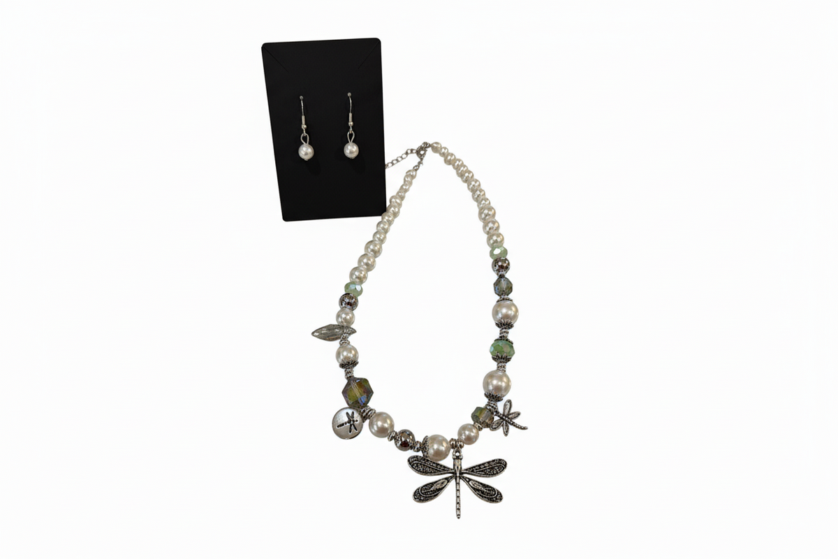 Dragonfly necklace set with pearl earrings
