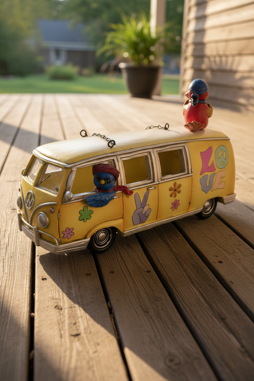 Vintage German love and peace bird feeder bus