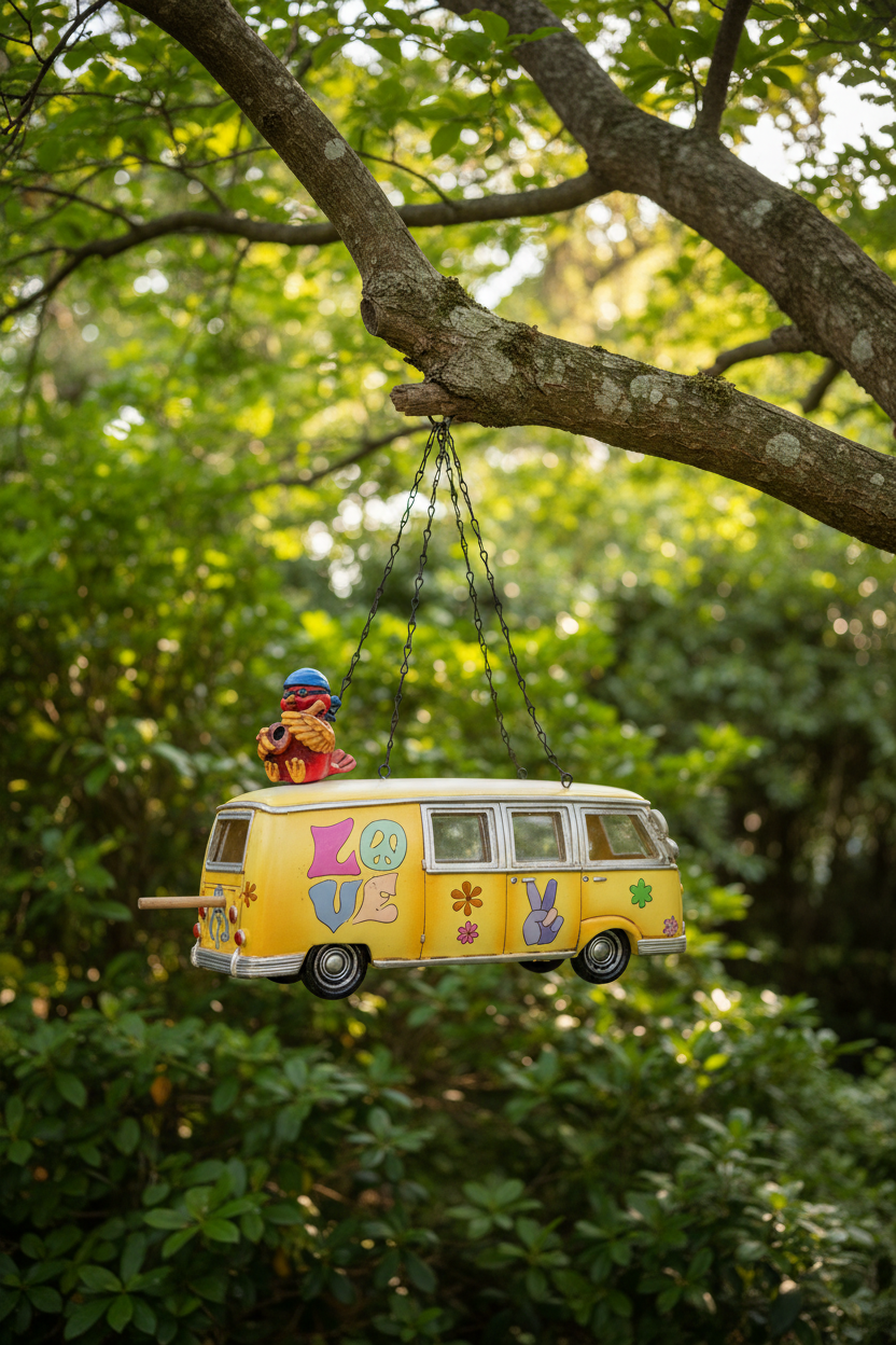 Vintage German love and peace bird feeder bus