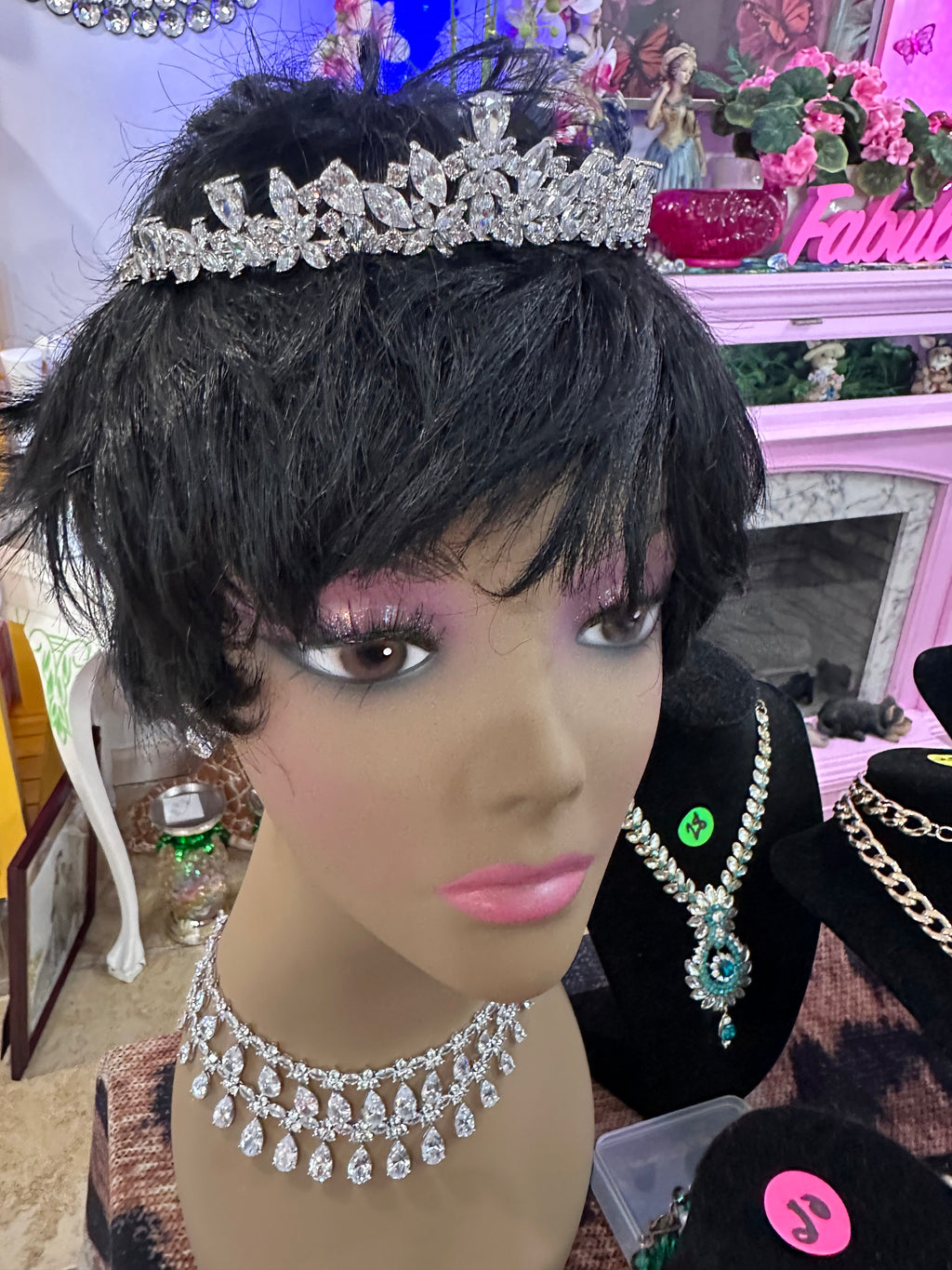 5 piece set (New) pierced earrings, 2 necklaces, bracelet and tiara crown