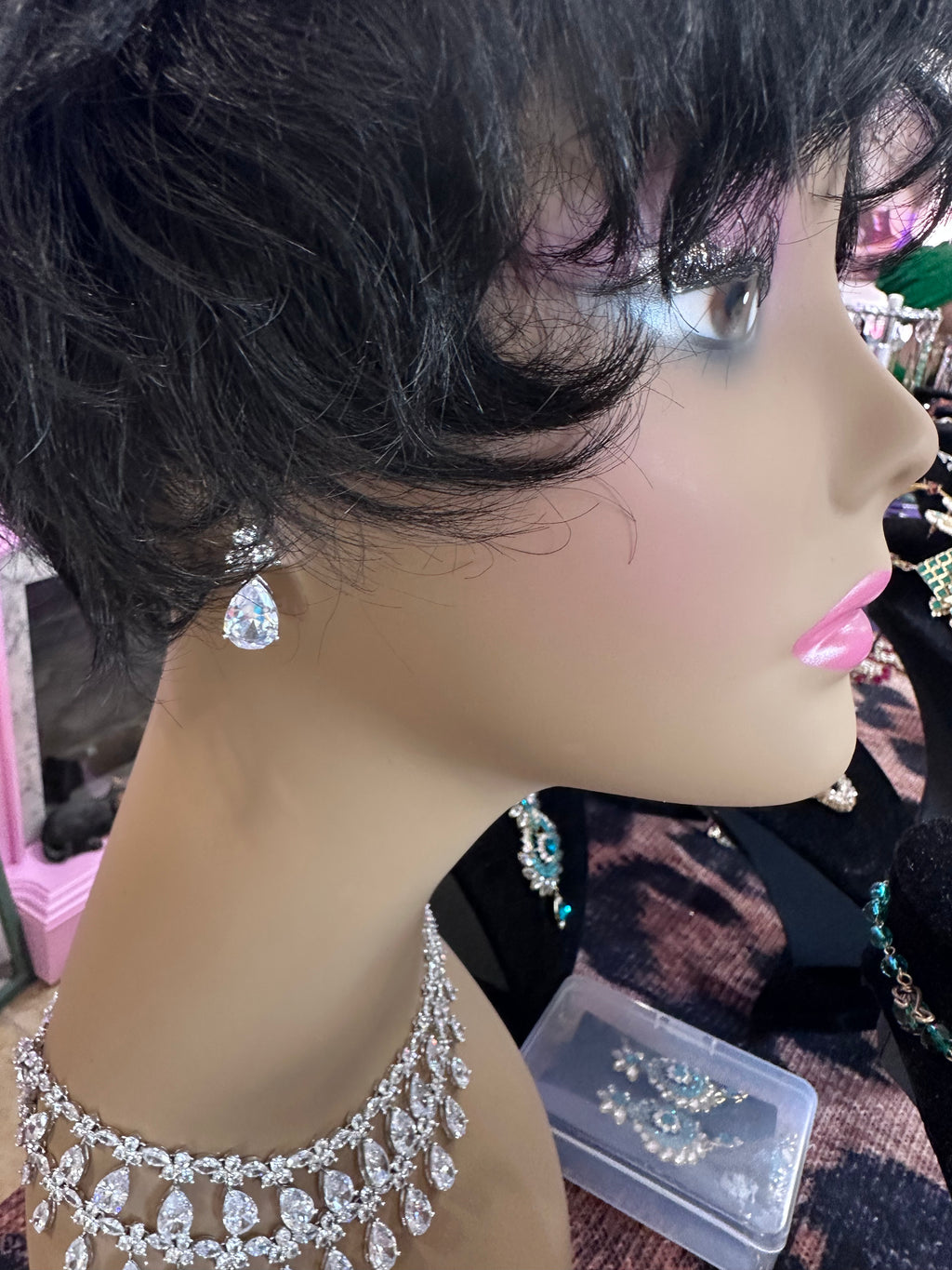 5 piece set (New) pierced earrings, 2 necklaces, bracelet and tiara crown