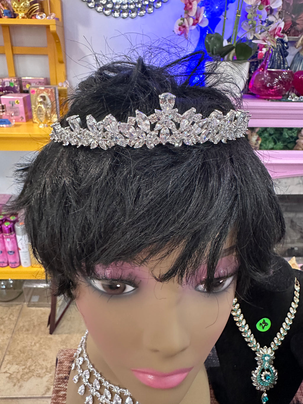5 piece set (New) pierced earrings, 2 necklaces, bracelet and tiara crown