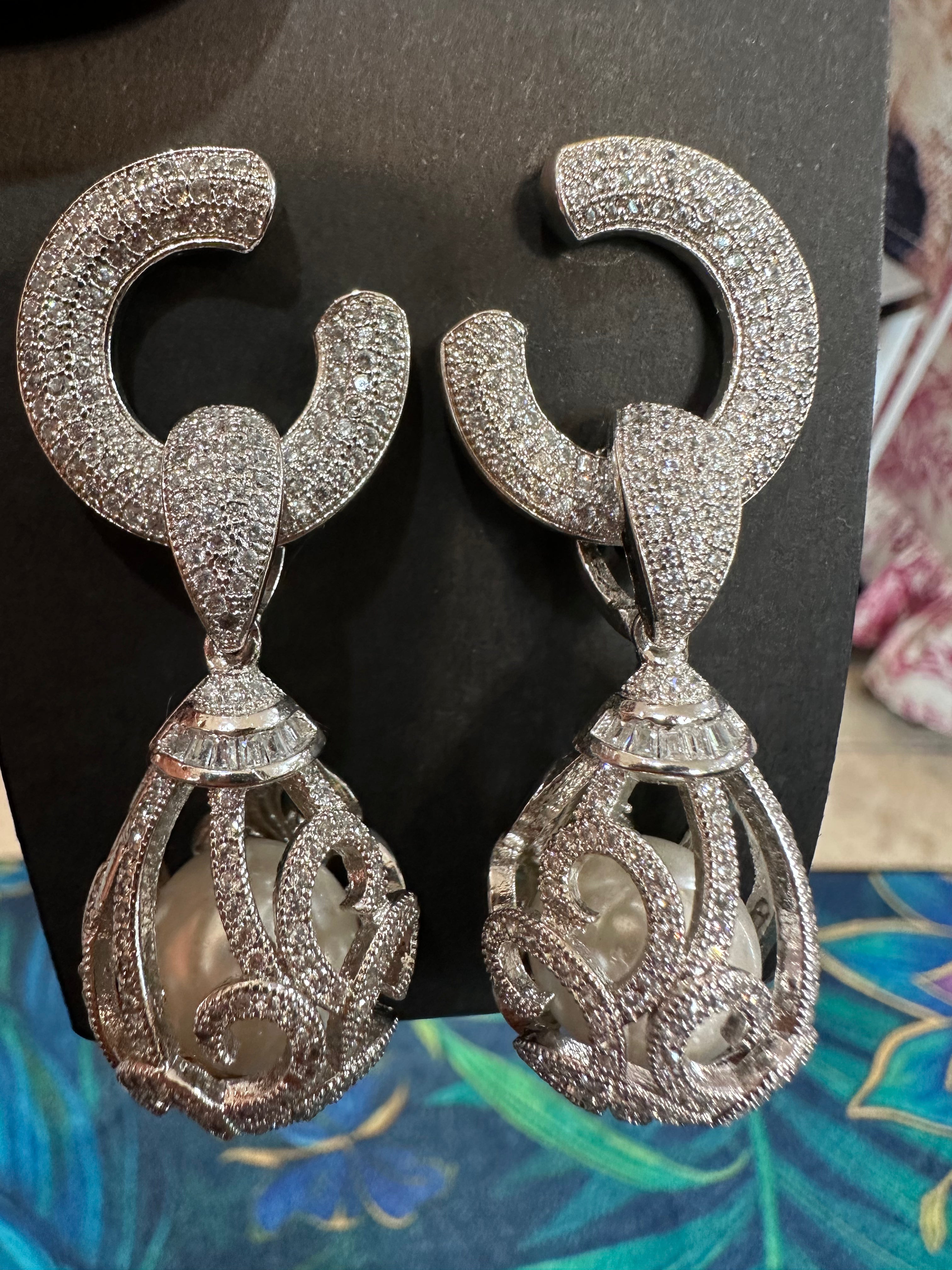 Large Silver Diamond Earrings with Pearl