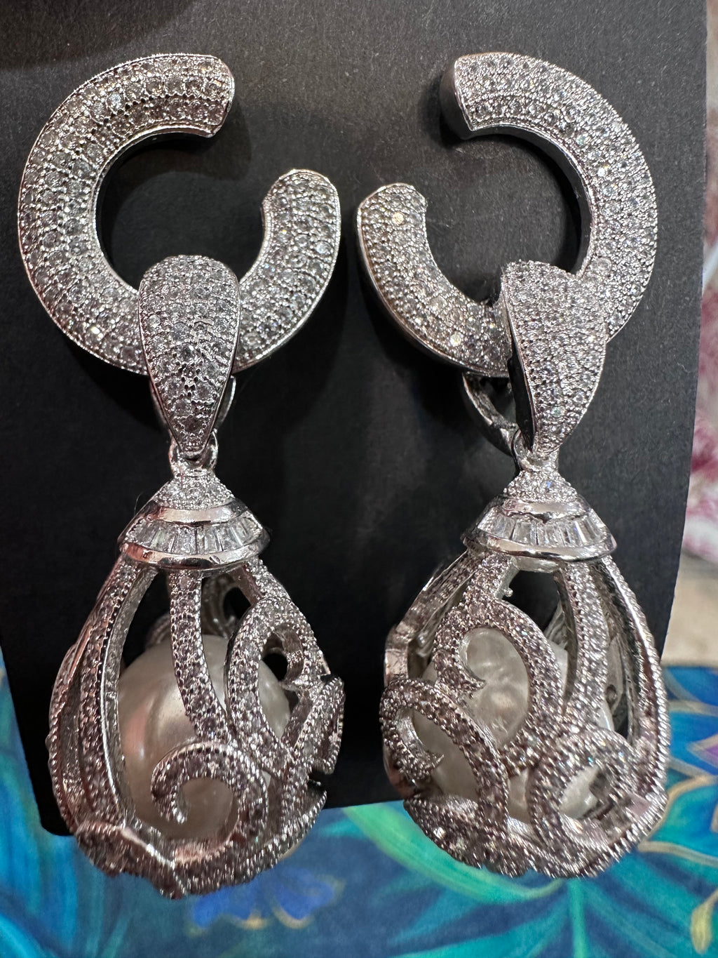 Large Silver Diamond Earrings with Pearl