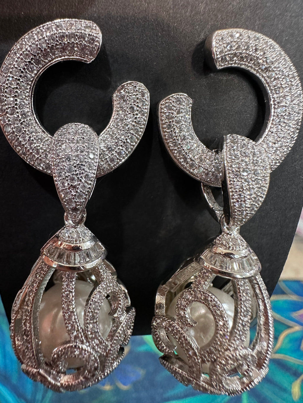 Large Silver Diamond Earrings with Pearl