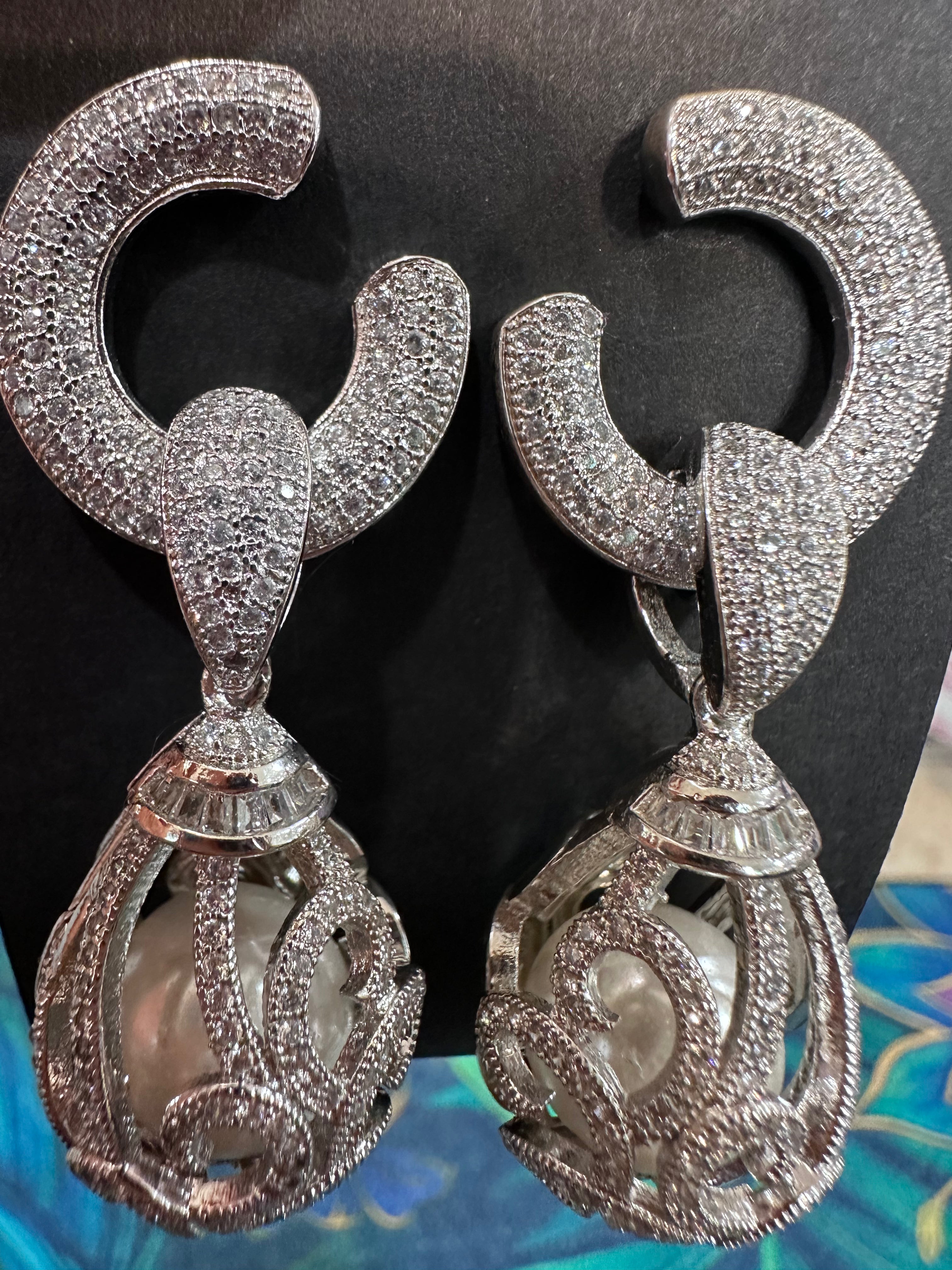 Large Silver Diamond Earrings with Pearl
