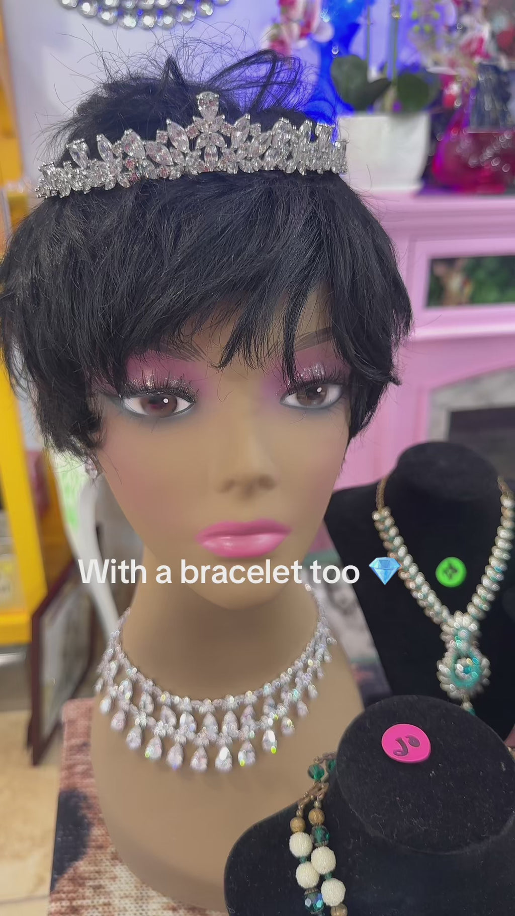 5 piece set (New) pierced earrings, 2 necklaces, bracelet and tiara crown