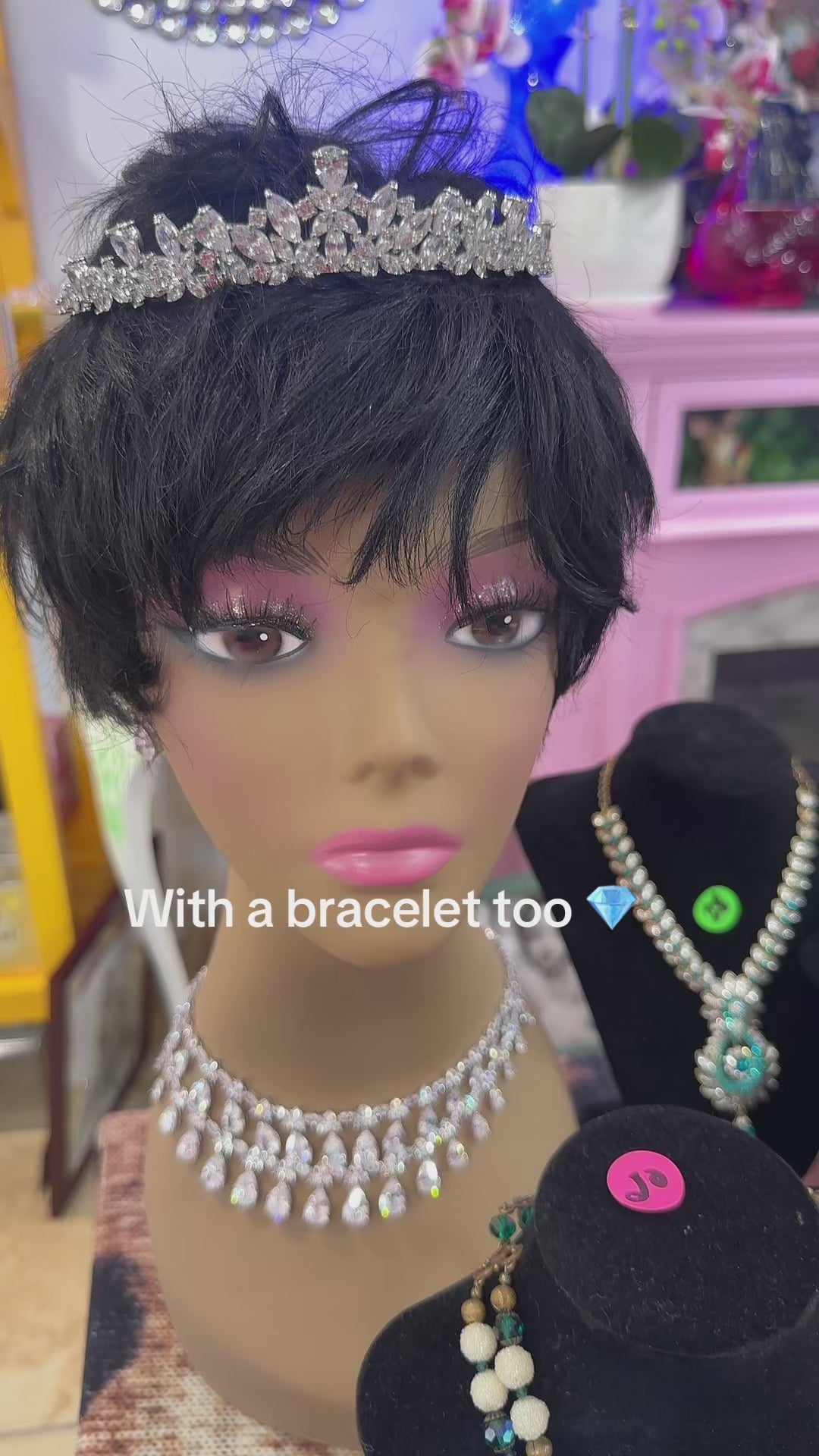 5 piece set (New) pierced earrings, 2 necklaces, bracelet and tiara crown