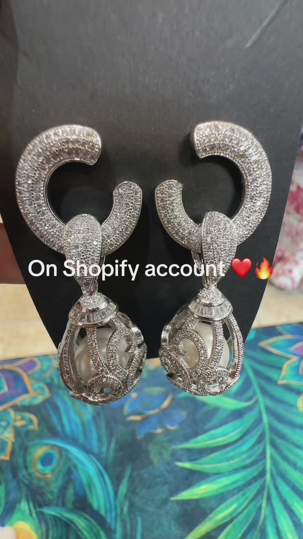 Large Silver Diamond Earrings with Pearl