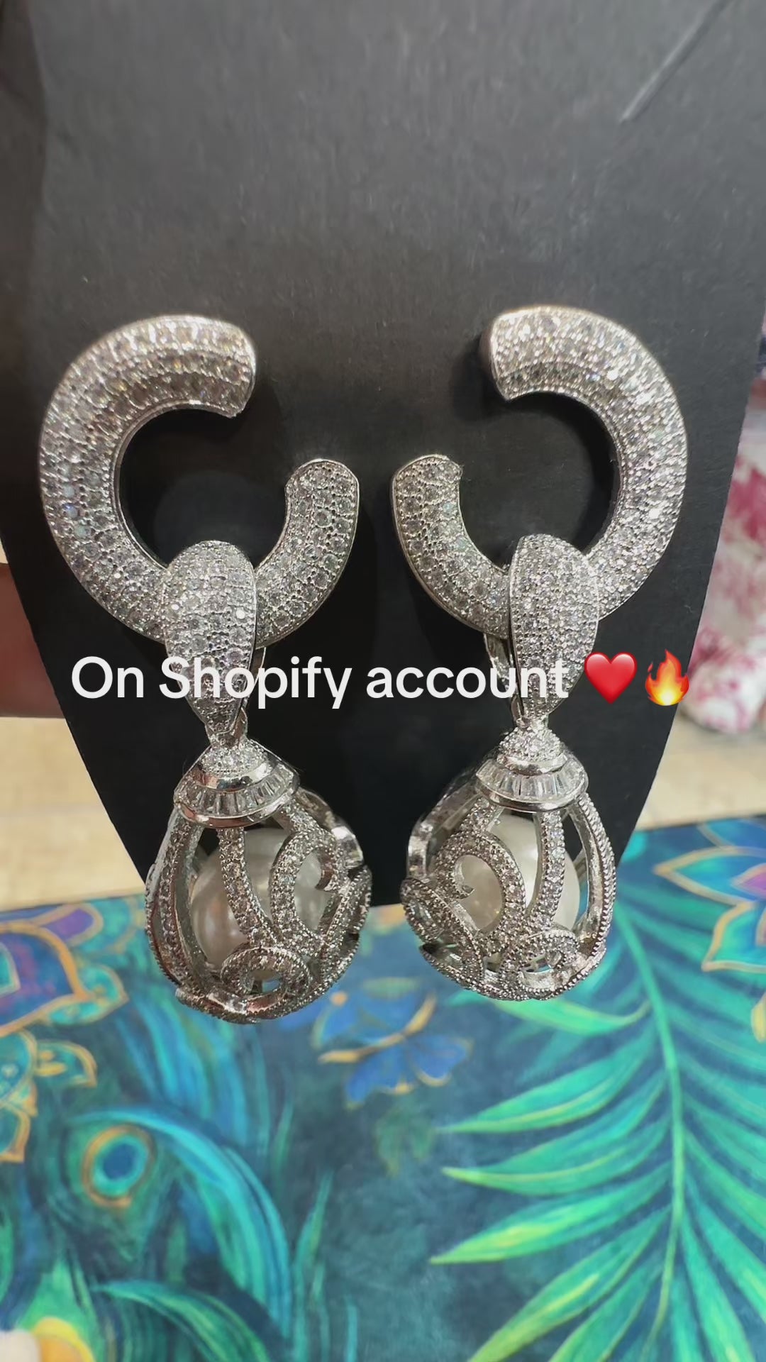 Large Silver Diamond Earrings with Pearl